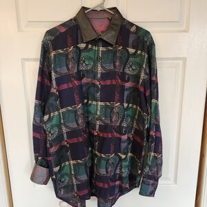 ROBERT GRAHAM "LIMITED EDITION" BLUE MULTICOLOR PAISLEY, LEATHER COLLAR  Mens  L